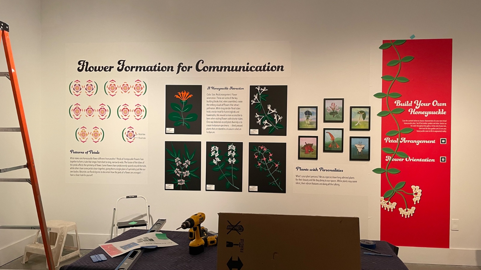 The Flower Formation for Communication exhibit wall: botanical art prints and the red Build Your Own Honeysuckle interactive banner