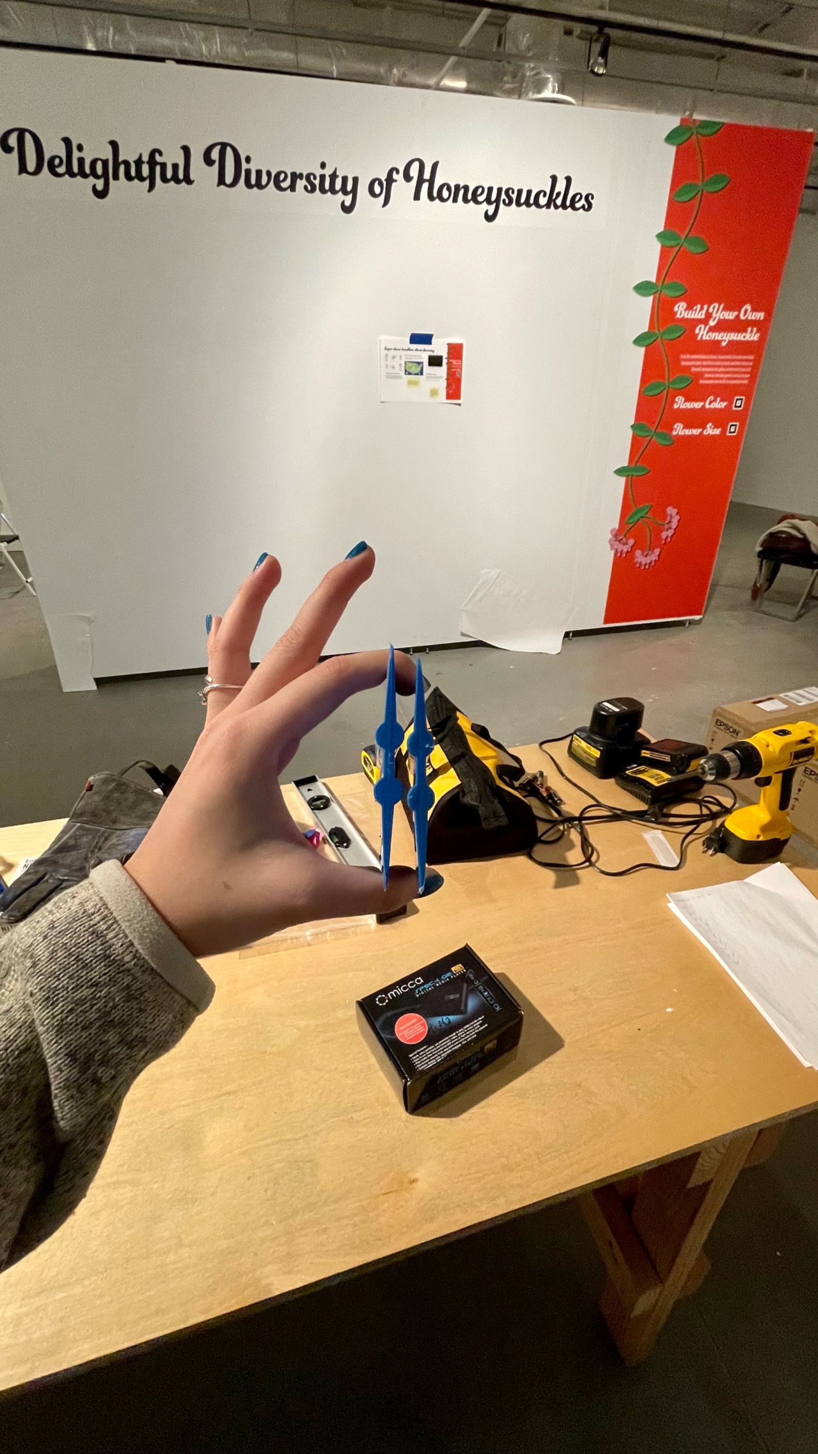 A hand holds a blue 3D-printed honeysuckle flower model in front of the Build Your Own Honeysuckle wall
