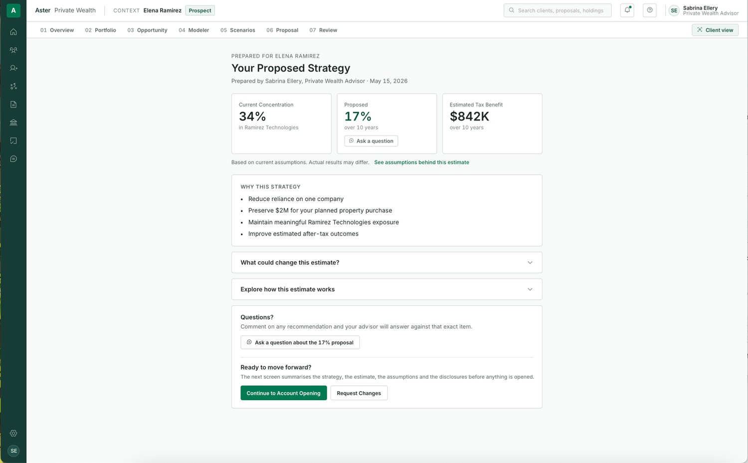 Client view showing current and proposed concentration and the estimated tax benefit