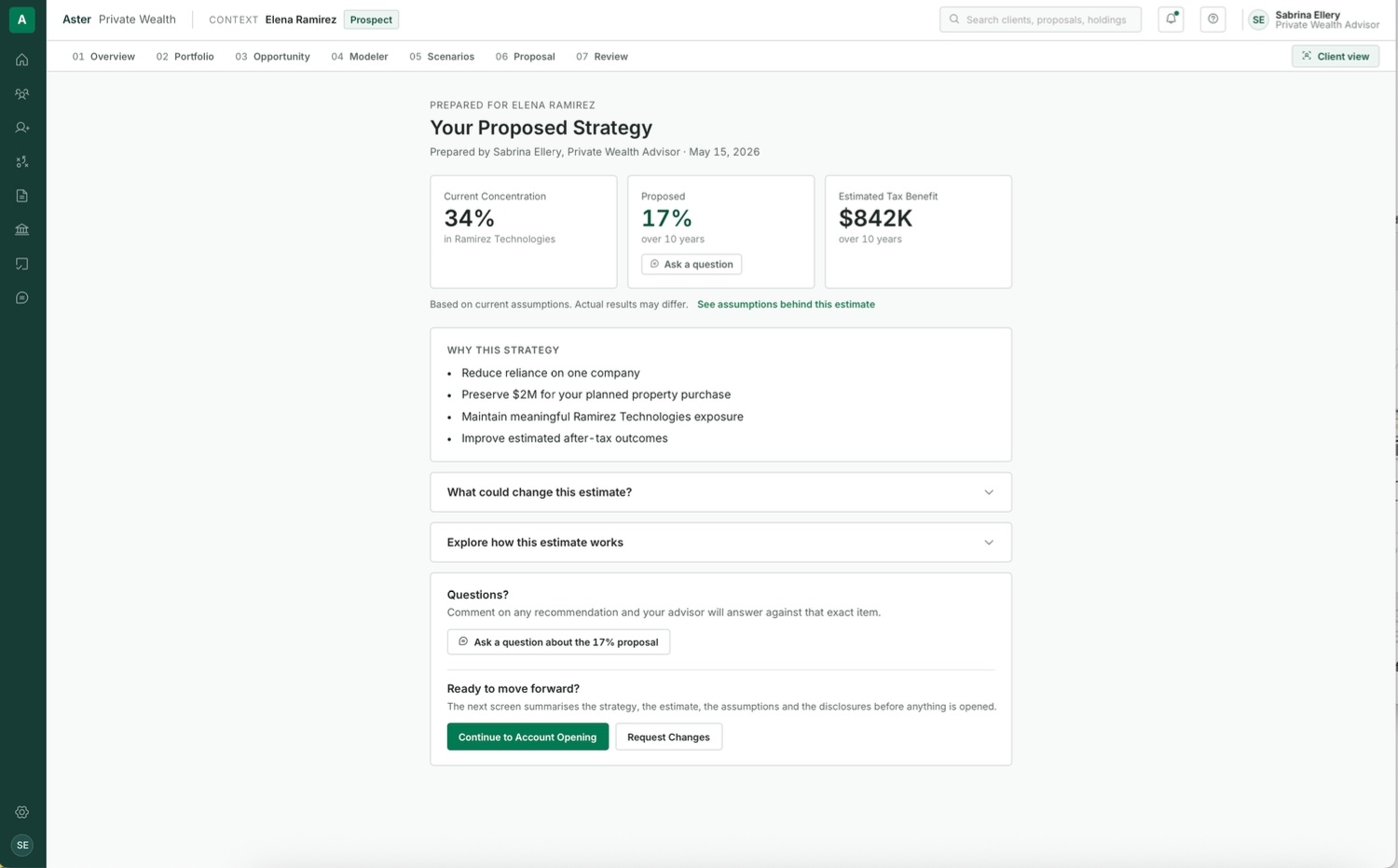 Client decision screen with the strategy, estimate, assumptions, ask a question, request changes and continue to account opening