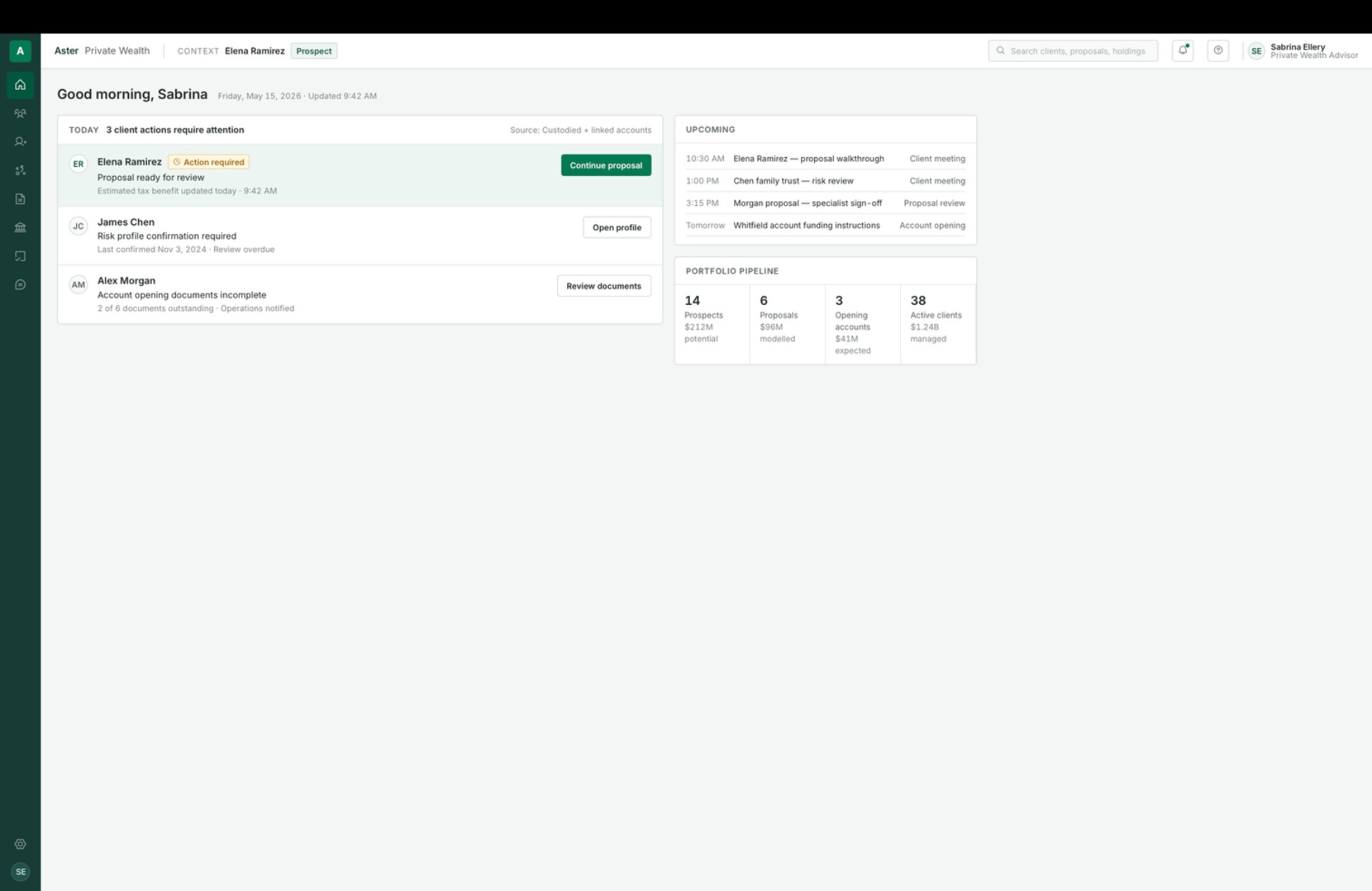 Aster advisor home with today's client actions, upcoming meetings, and portfolio pipeline