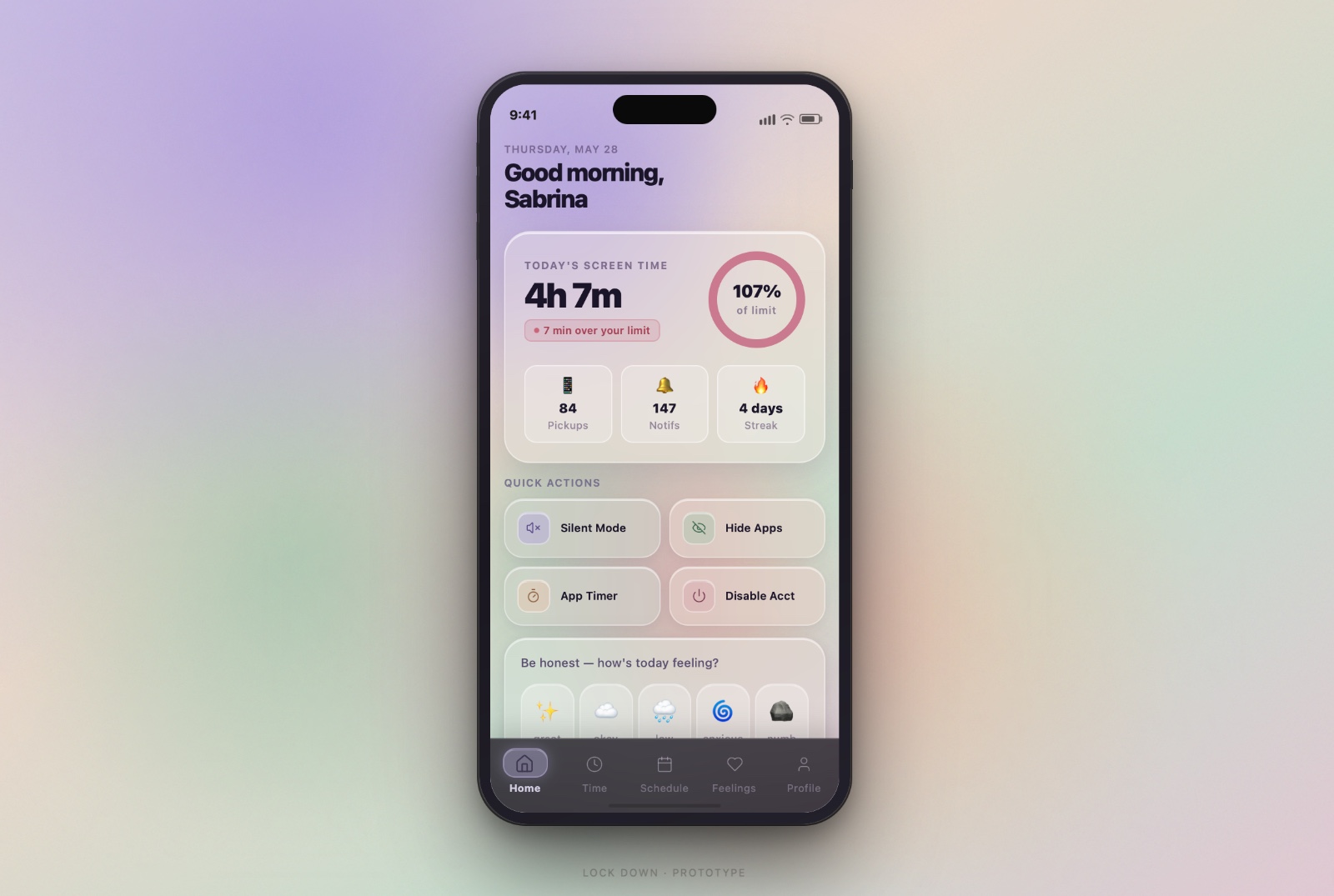 Lock Down home screen on an iPhone: today's screen time 4h 7m, 107% of limit, pickups, notifications, streak, quick actions, and a mood check-in
