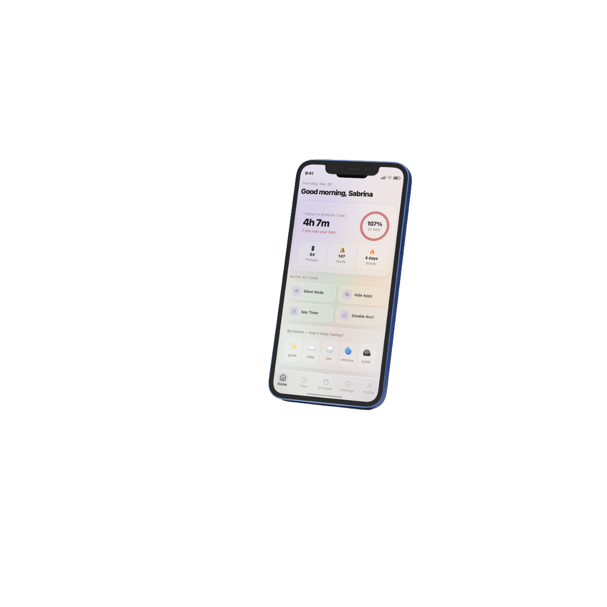 Final Lock Down home screen: Good morning Sabrina, 4h 7m screen time at 107% of limit, pickups, notifications, streak, quick actions, and a mood check-in