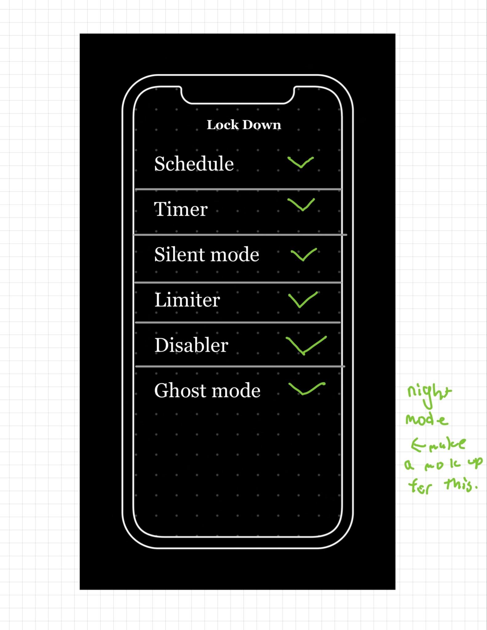 First rough wireframe: the Lock Down menu with Schedule, Timer, Silent mode, Limiter, Disabler, and Ghost mode