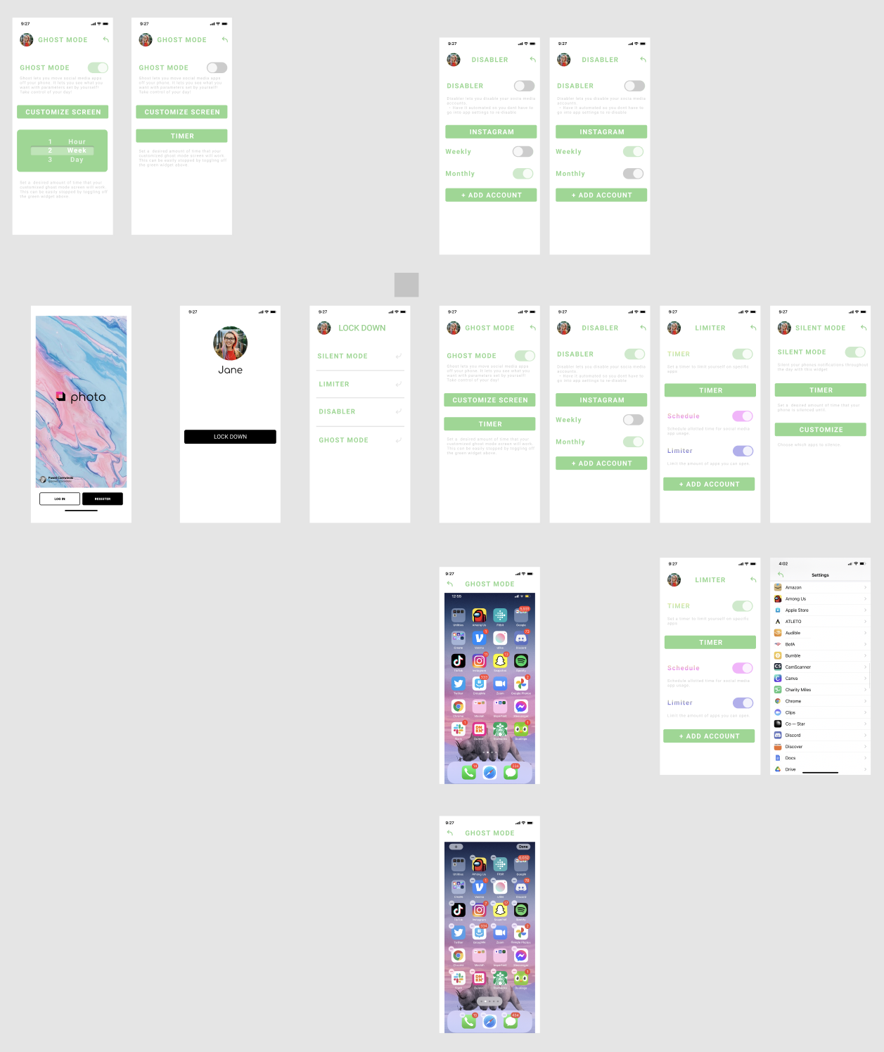 First Figma prototype: mid-fidelity Lock Down screens including login, menu, ghost mode, disabler, limiter, and silent mode