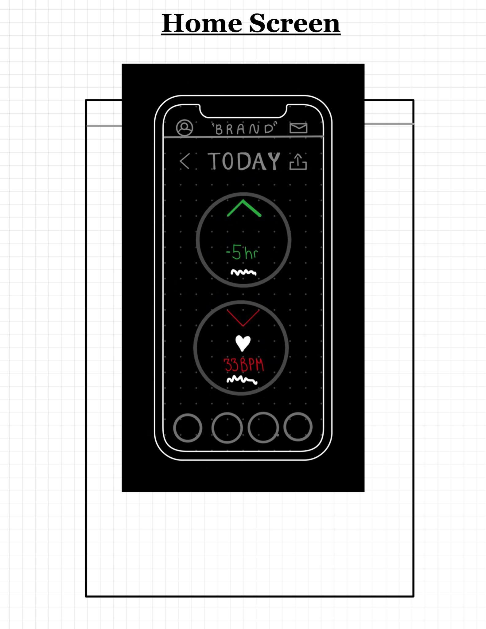Hand-drawn Lock Down home screen sketch: Today view with a screen-time ring and a heart-rate ring