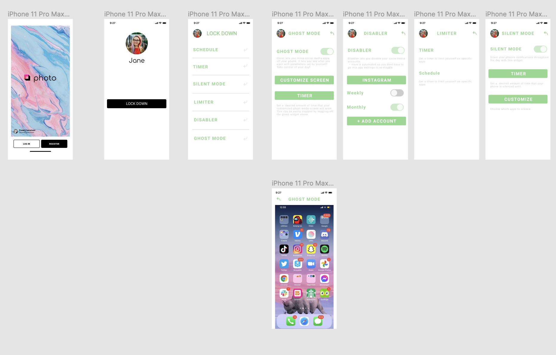 Inventory of mid-fidelity Lock Down screens: login, menu, ghost mode, disabler, limiter, silent mode