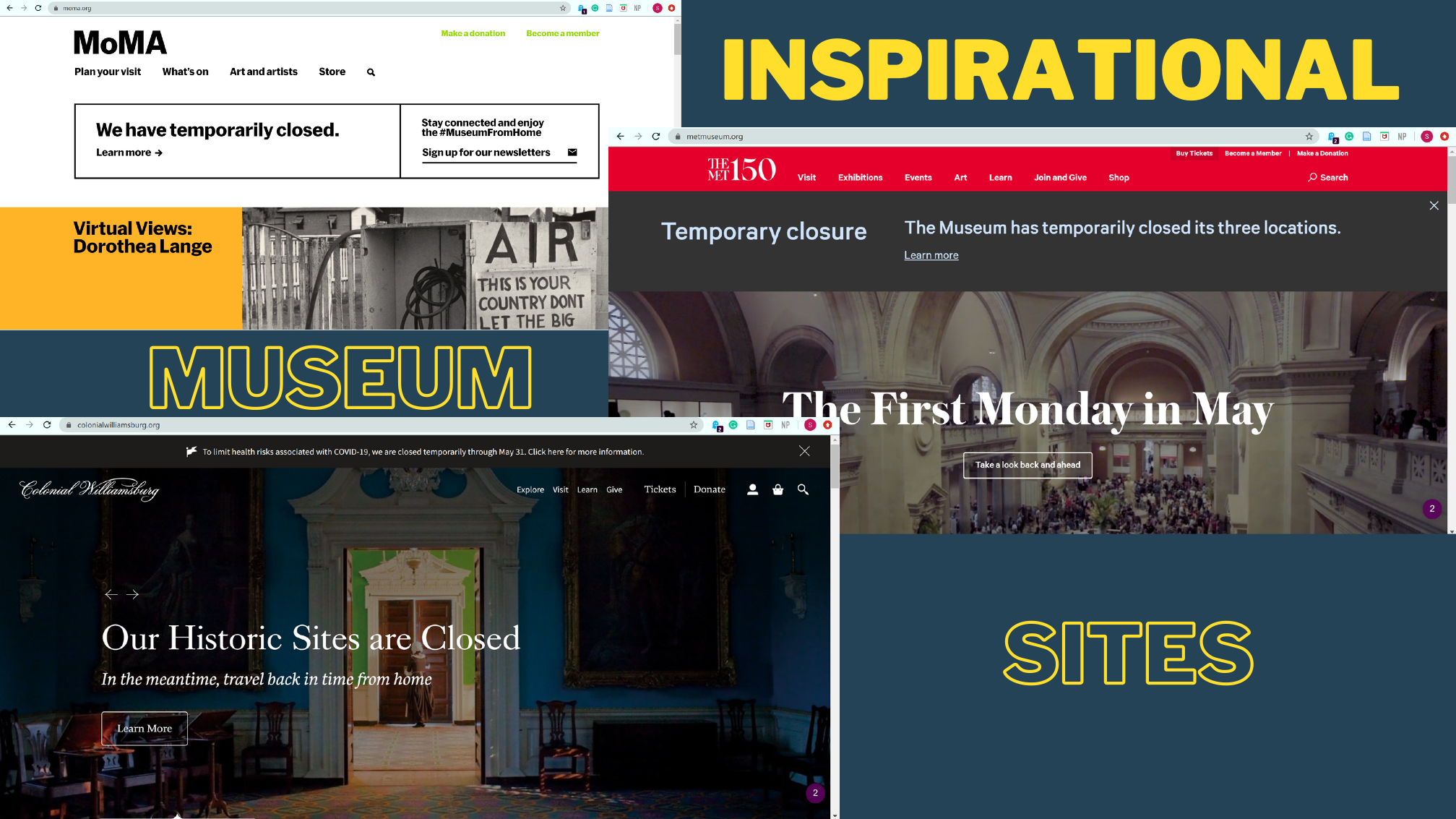 Inspirational museum sites: MoMA, The Met, and Colonial Williamsburg navigation examples