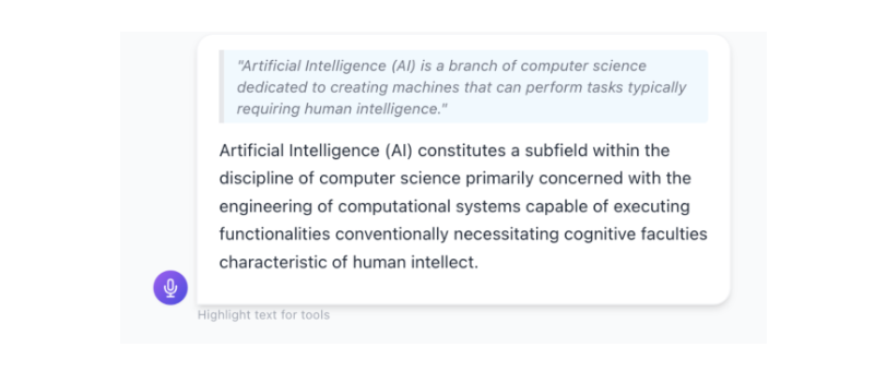 Transformed text returned as a new message that quotes the highlighted snippet