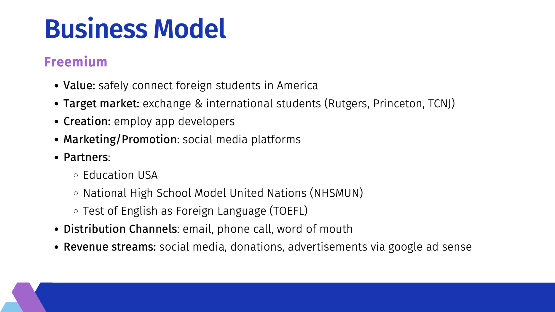 Business model slide: freemium value, target market of exchange and international students at Rutgers, Princeton, and TCNJ, partners, distribution, and revenue streams