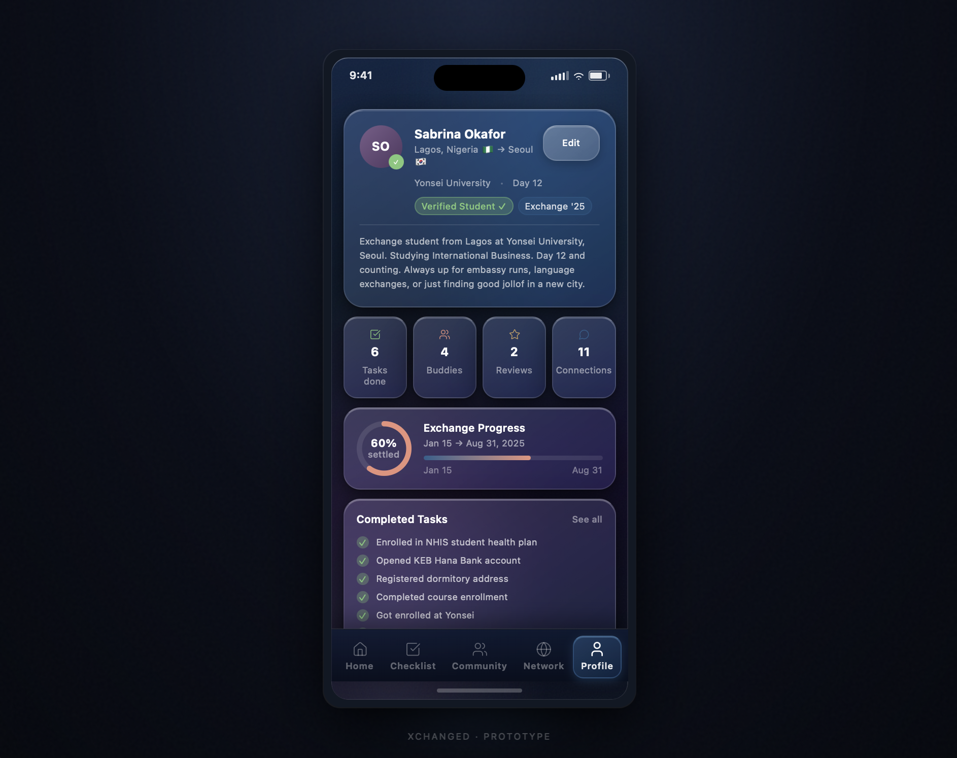 High-fidelity Profile: verified student, exchange progress ring, stat tiles, and completed tasks