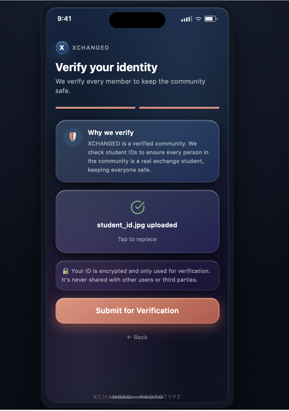 Verify your identity screen after upload: student_id.jpg uploaded, ready to submit for verification
