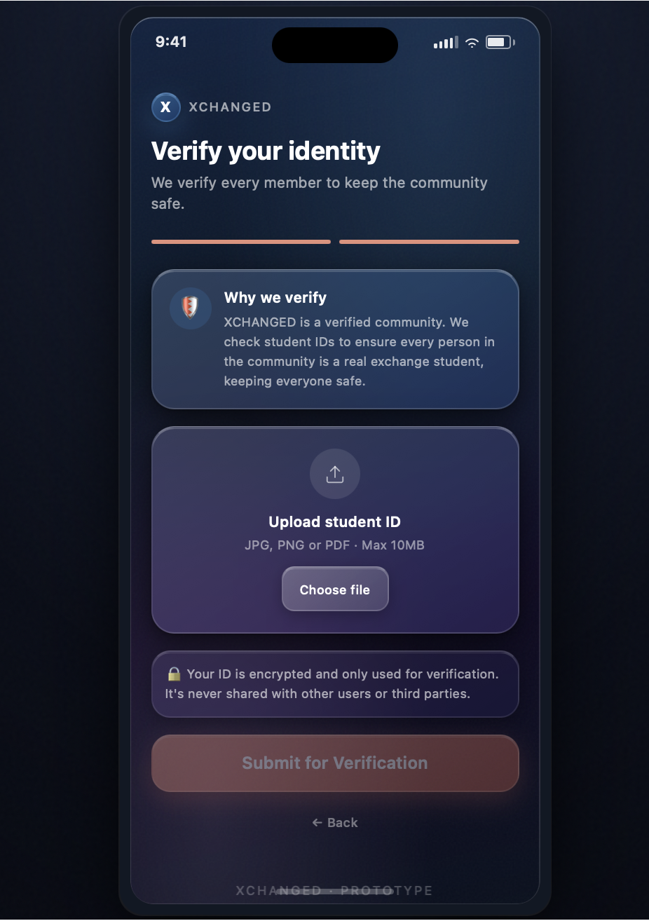Verify your identity screen: why we verify, upload student ID, and an encryption reassurance