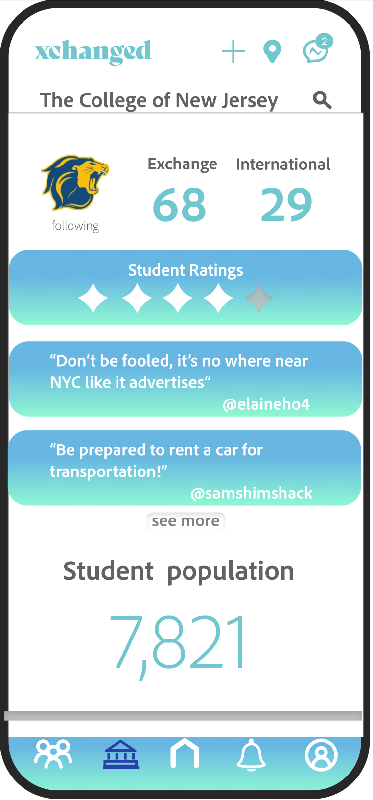 Medium-fidelity home feed: stories, a homestay post, and a homestay rating