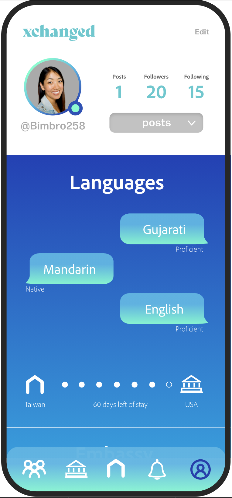 Medium-fidelity profile screen: languages spoken, and a Taiwan-to-USA exchange journey tracker