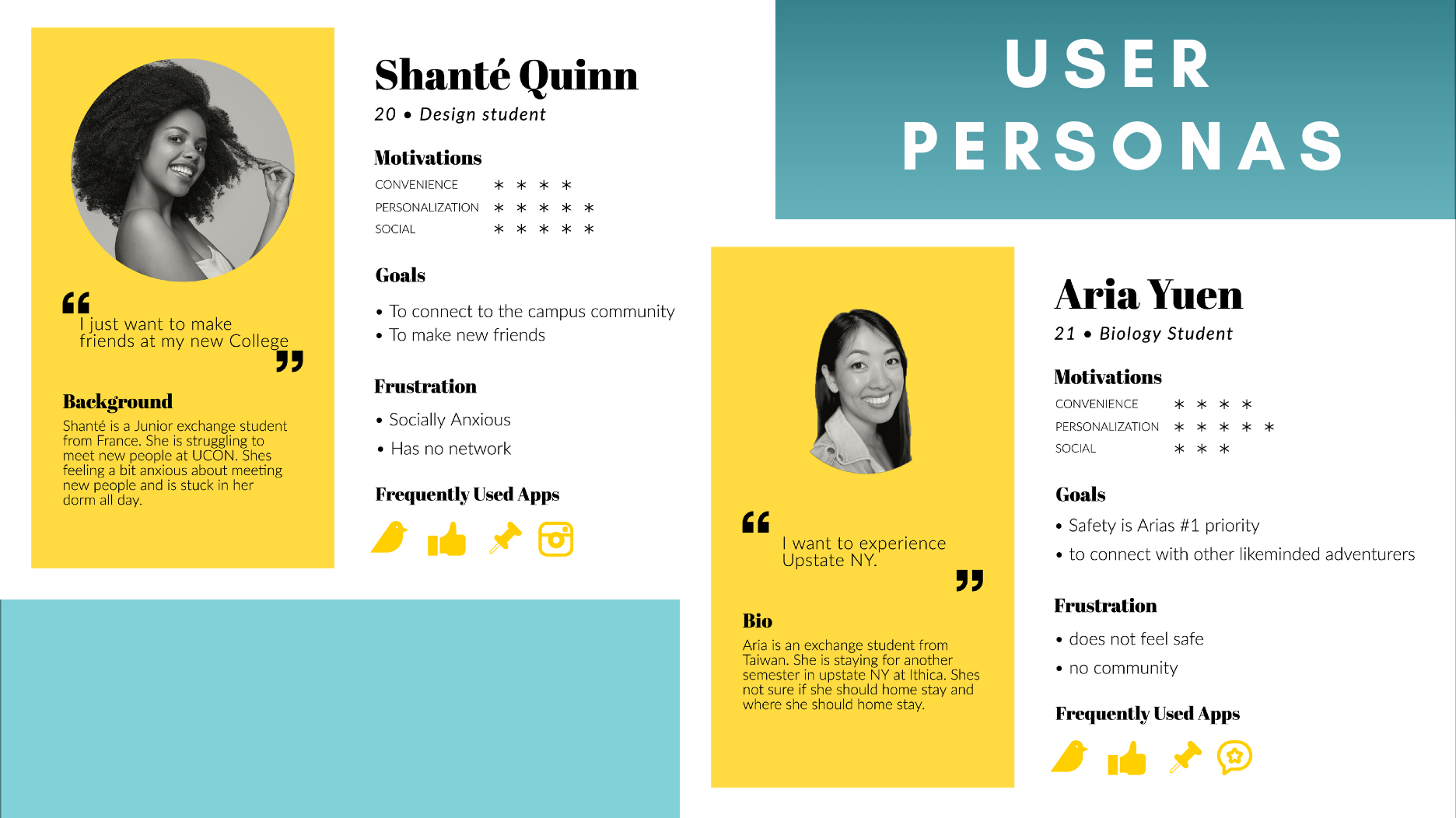User personas: Shanté Quinn, 20, design student from France struggling to meet people; and Aria Yuen, 21, biology student from Taiwan whose top priority is safety